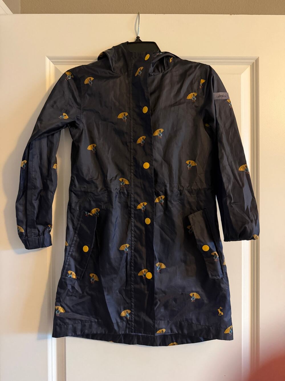 Joules Girls Size 7-8 Navy Blue Duck Print Hooded Raincoat